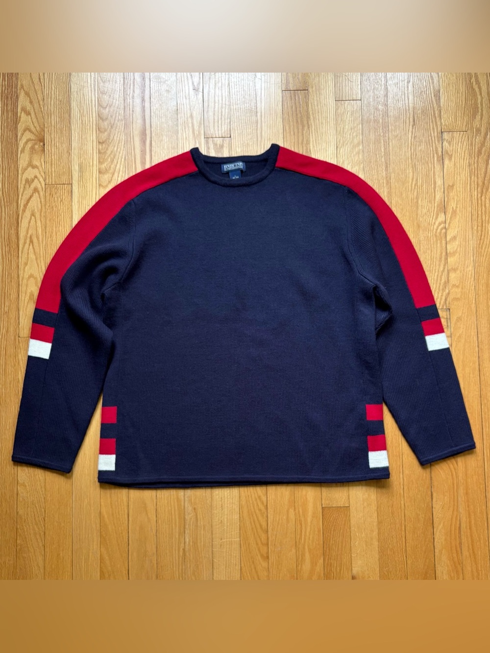 Vintage Lands’ End Men’s Color Block 100% Wool Crewneck Sweater Large Blue Red
